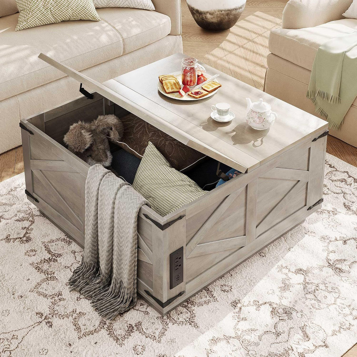Jocoevol Lift Top Coffee Table with LED Lighting, Rustic Grey