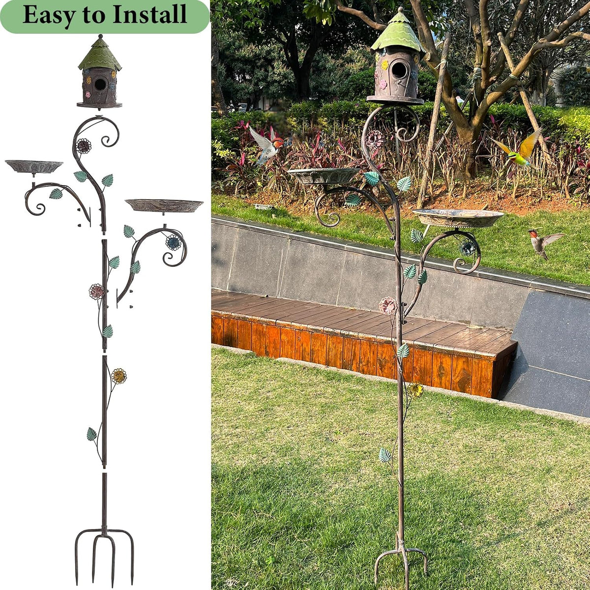 71" H Bird Baths for Outdoors, Bird Baths and Bird Houses with Pole, Metal Bird House Stake, Standing Bird Feeder and Bath Combo, Tall Birdbath with 4-Prong Stake for Outside Garden Decor