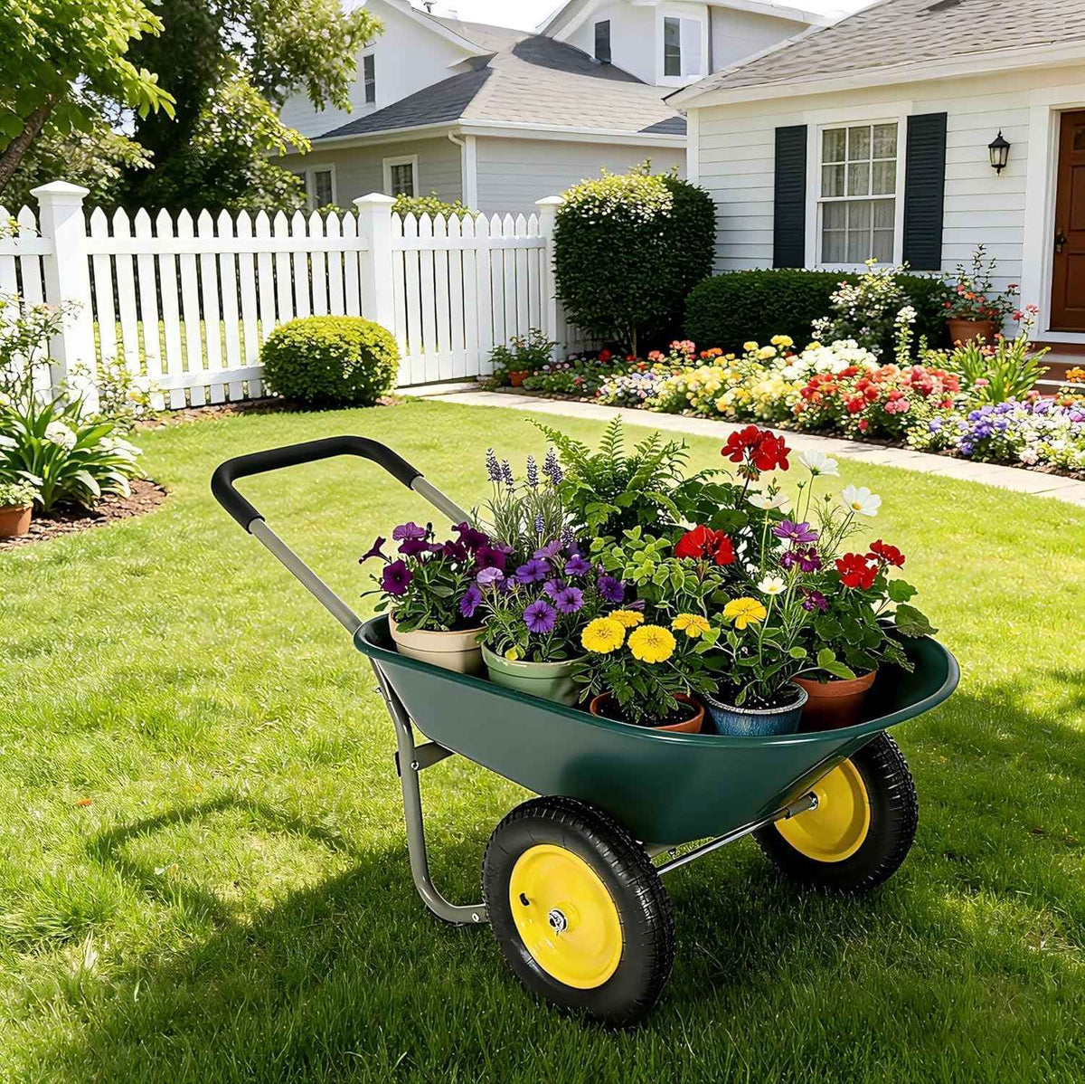 Dual-Wheel Garden Cart, 14" Pneumatic Tires & Built-in Stand, 4.5 Cu Ft Utility Yard Wheelbarrow for Gardening, Soil, Construction, Easy Assembly