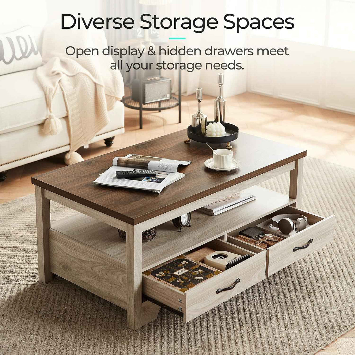 LINSY HOME Farmhouse Coffee Table with Storage, Oak and Brown