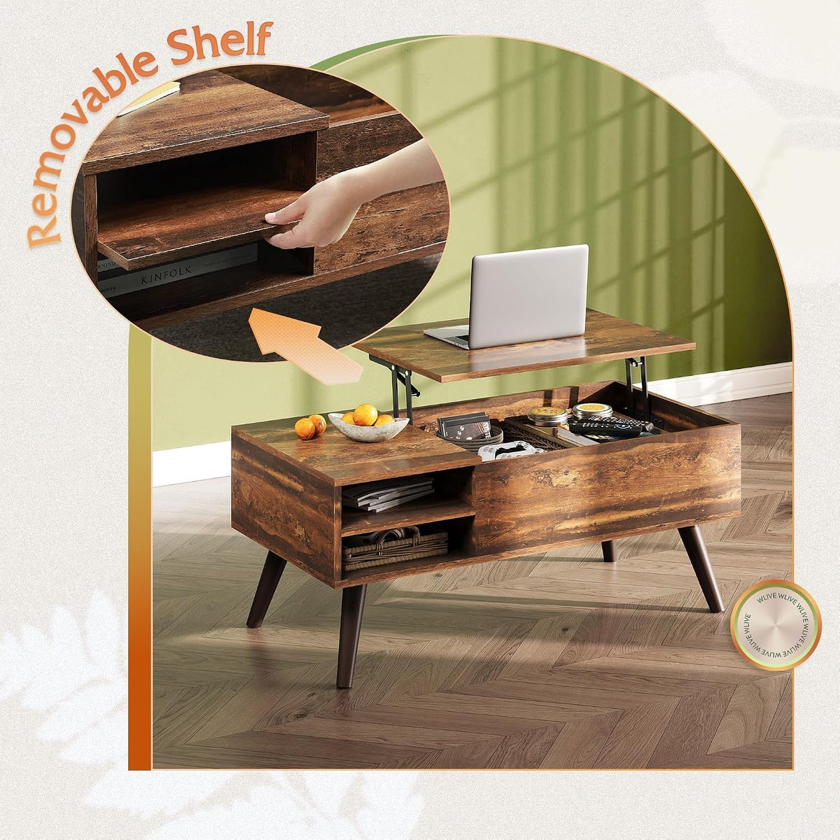 WLIVE 39.4" Lift Top Coffee Table with Hidden Storage, Brown