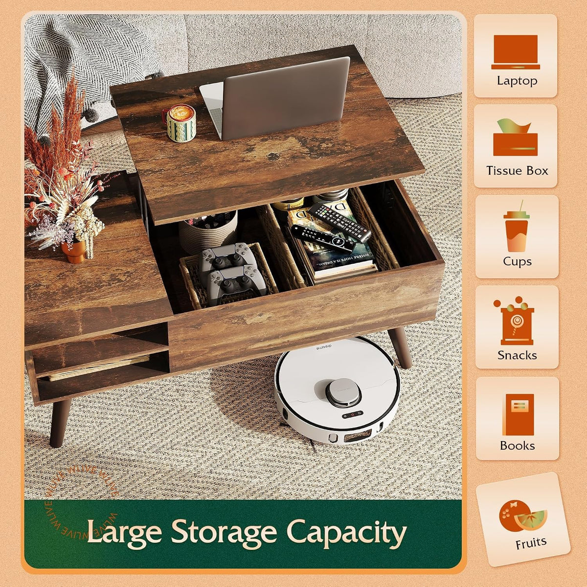 WLIVE 39.4" Lift Top Coffee Table with Hidden Storage, Brown