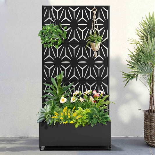 FENCY Metal Raised Garden Bed with Wheels and Trellis,73"x35"x16" Planter Box for Climbing Plants, Vegetables & Vines, Features Privacy Screen and Drainage Holes (Black-Star)