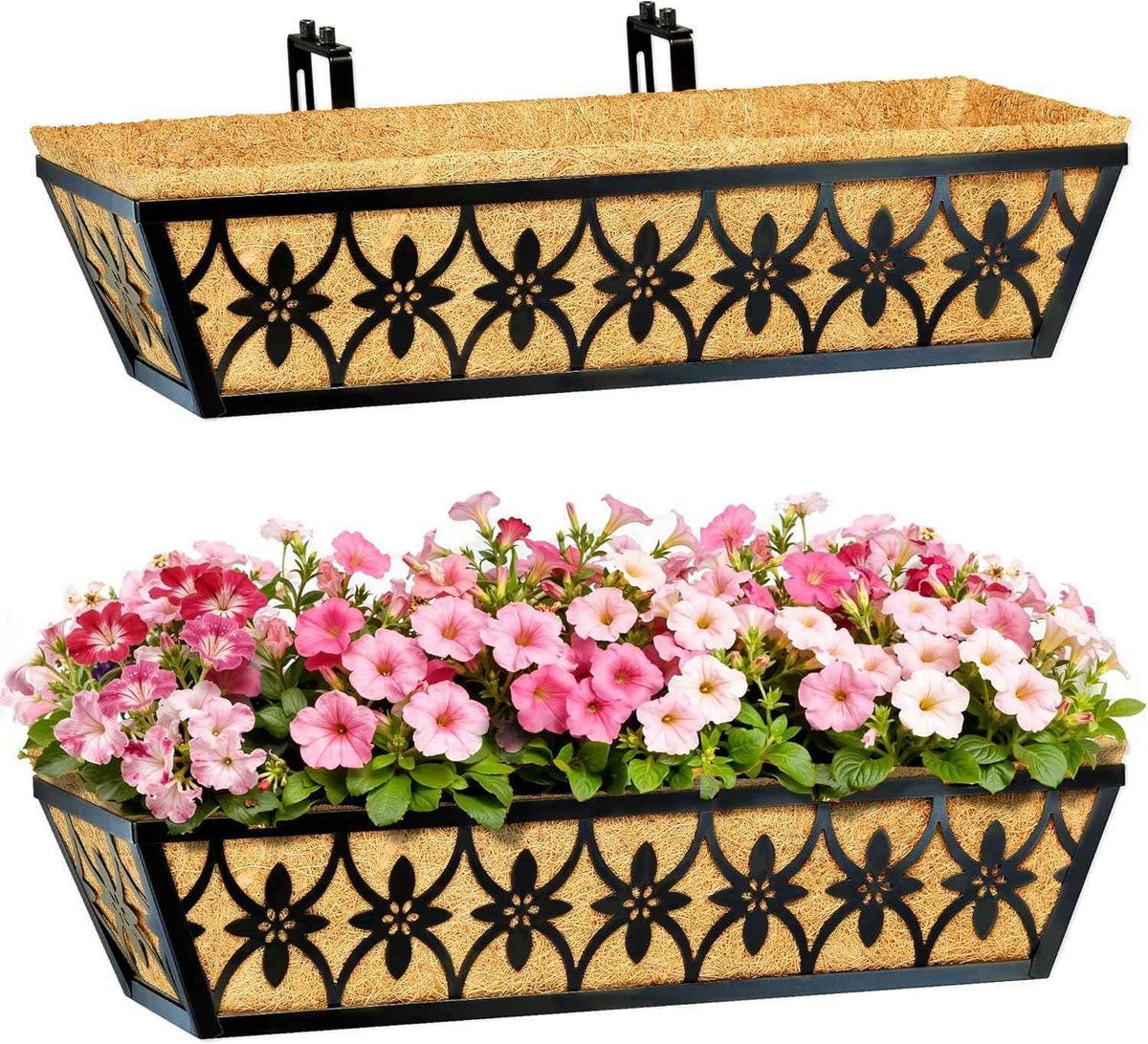 24 Inch Window Boxes Planters Railing Planter Box - 2 Pack Deck Railing Planter Boxes with Adjustable Brackets Coco Liners Balcony Planters Railing Hanging for Window Flower Boxes Outdoor Garden Decor
