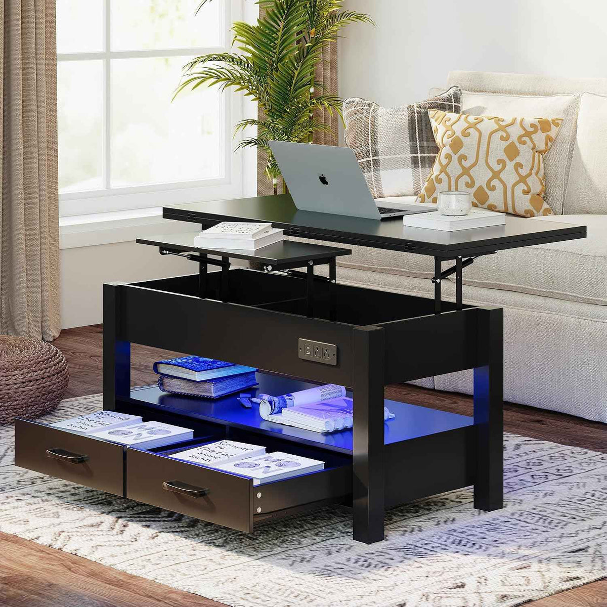 MALOL 40" Lift Top Coffee Table with Storage Drawers, Black