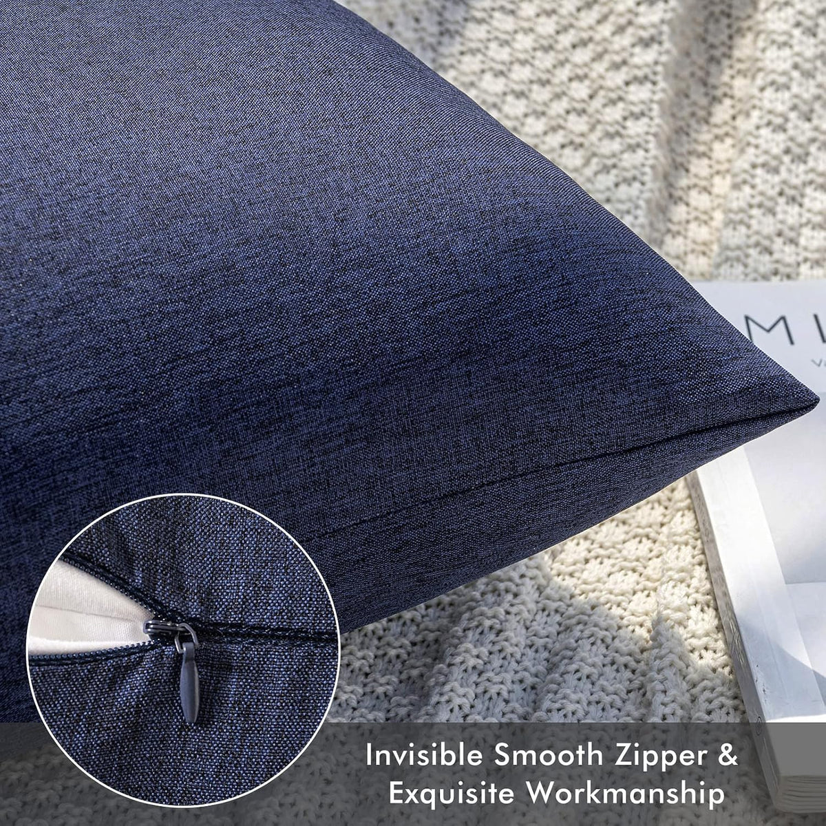 MIULEE Decorative Outdoor Pillow Covers Waterproof 18x18 Navy | Solid Faux Linen Throw Pillow Covers Set of 2 Farmhouse for Patio Furniture Tent Balcony Garden Couch Sofa Cushion