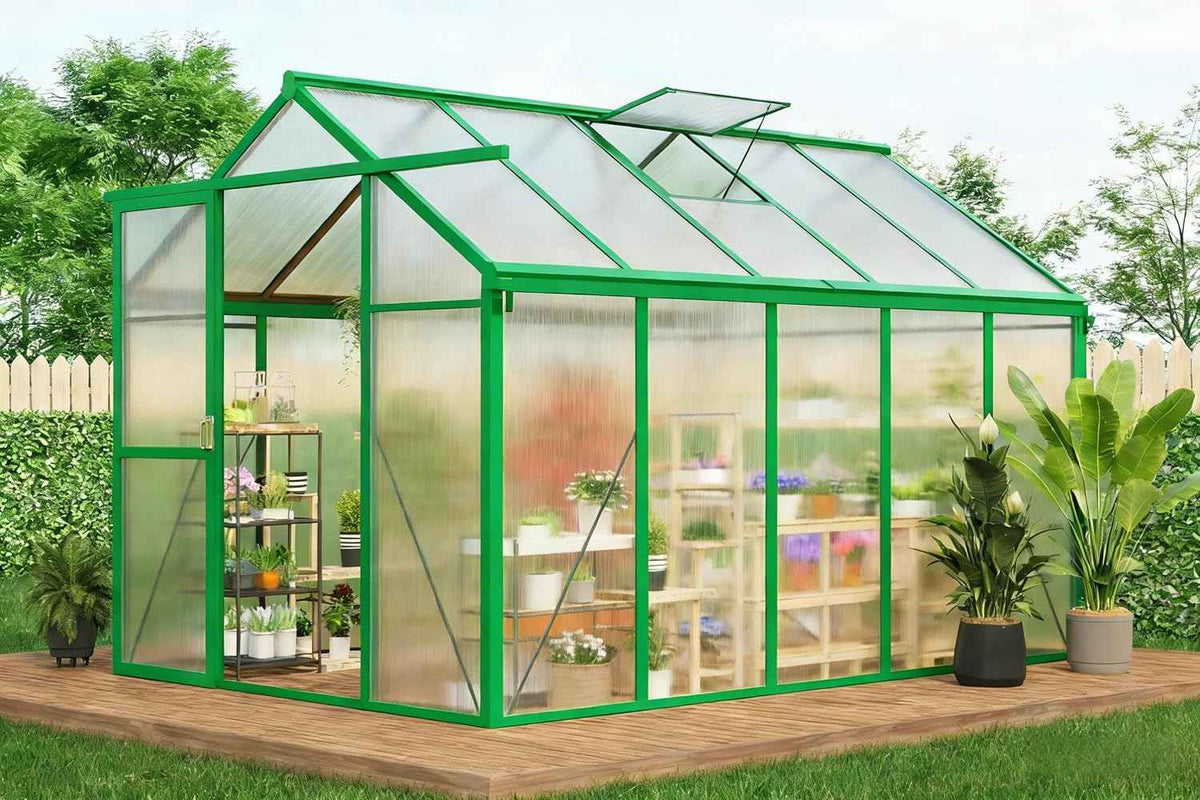 6x10 FT Greenhouse for Outdoors, Polycarbonate Greenhouse with Roof Vent, Ground Nails, Lockable Push Door, Aluminum Large Walk-in Green House for Outside Garden Backyard, Patio, Lawn, Green