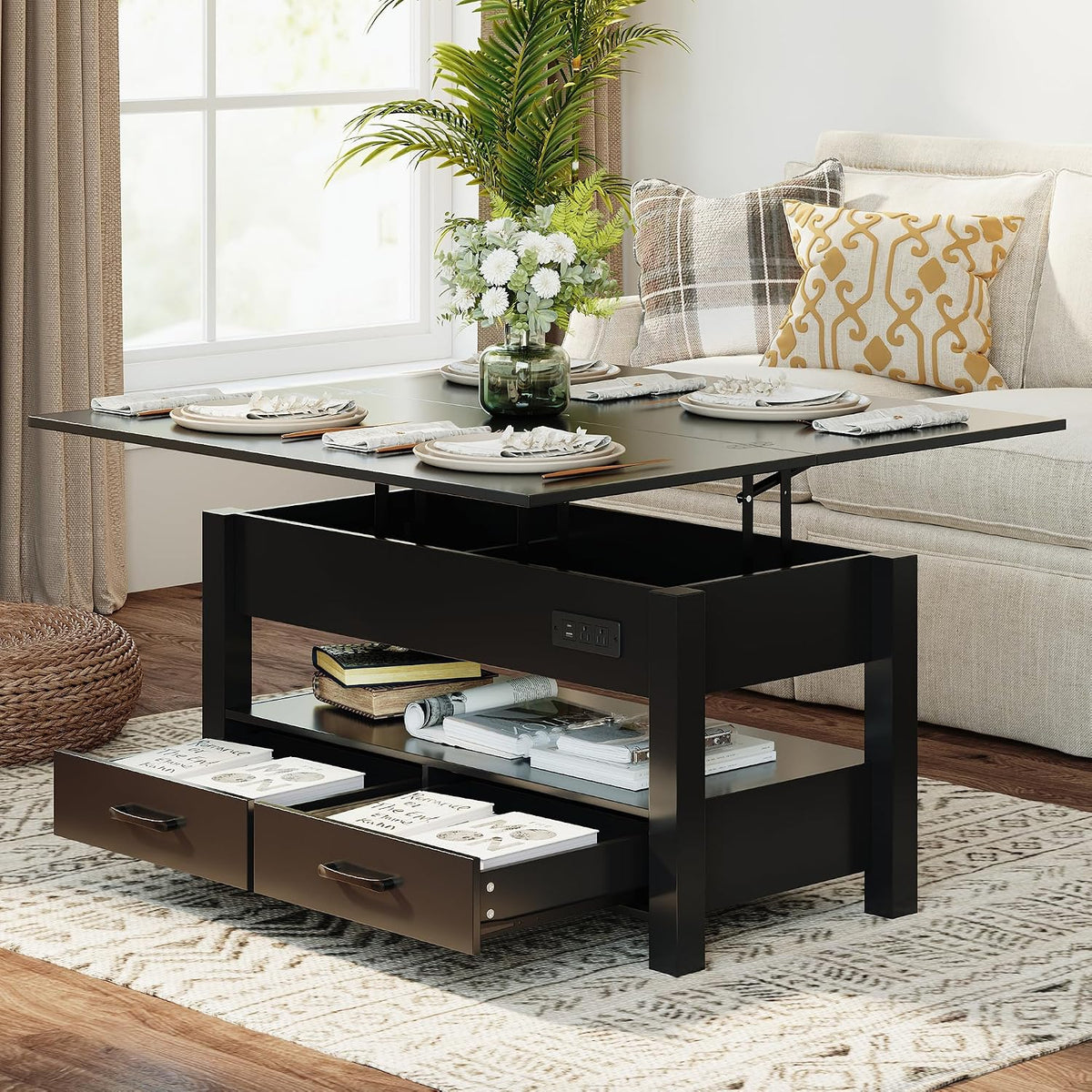 MALOL 40" Lift Top Coffee Table with Storage Drawers, Black