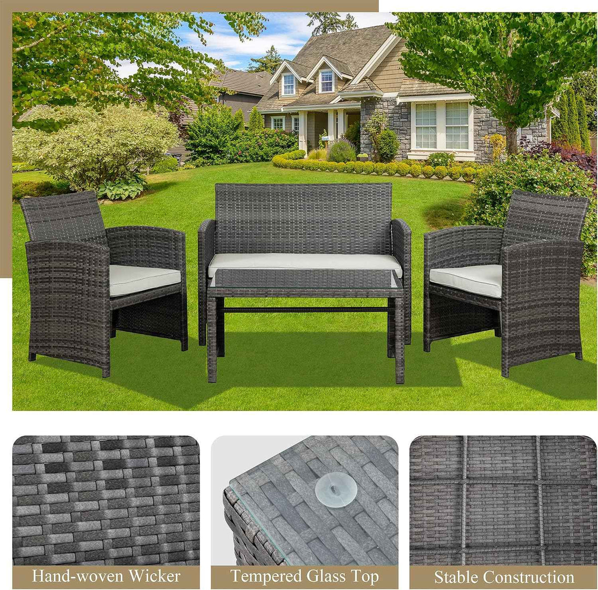 4 Piece Outdoor Patio Furniture Set, Outdoor Wicker Rattan Chairs