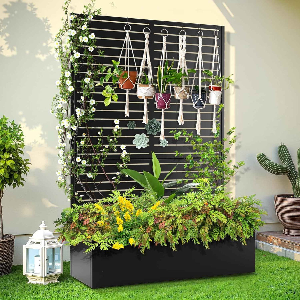 Trellis for Climbing Plants Outdoor，Mental Garden Bed with Drainage Holes Outdoor Privacy Screen Design Tall planters for herb Flower Vegetables 73"x47"x16", Black-Louvered