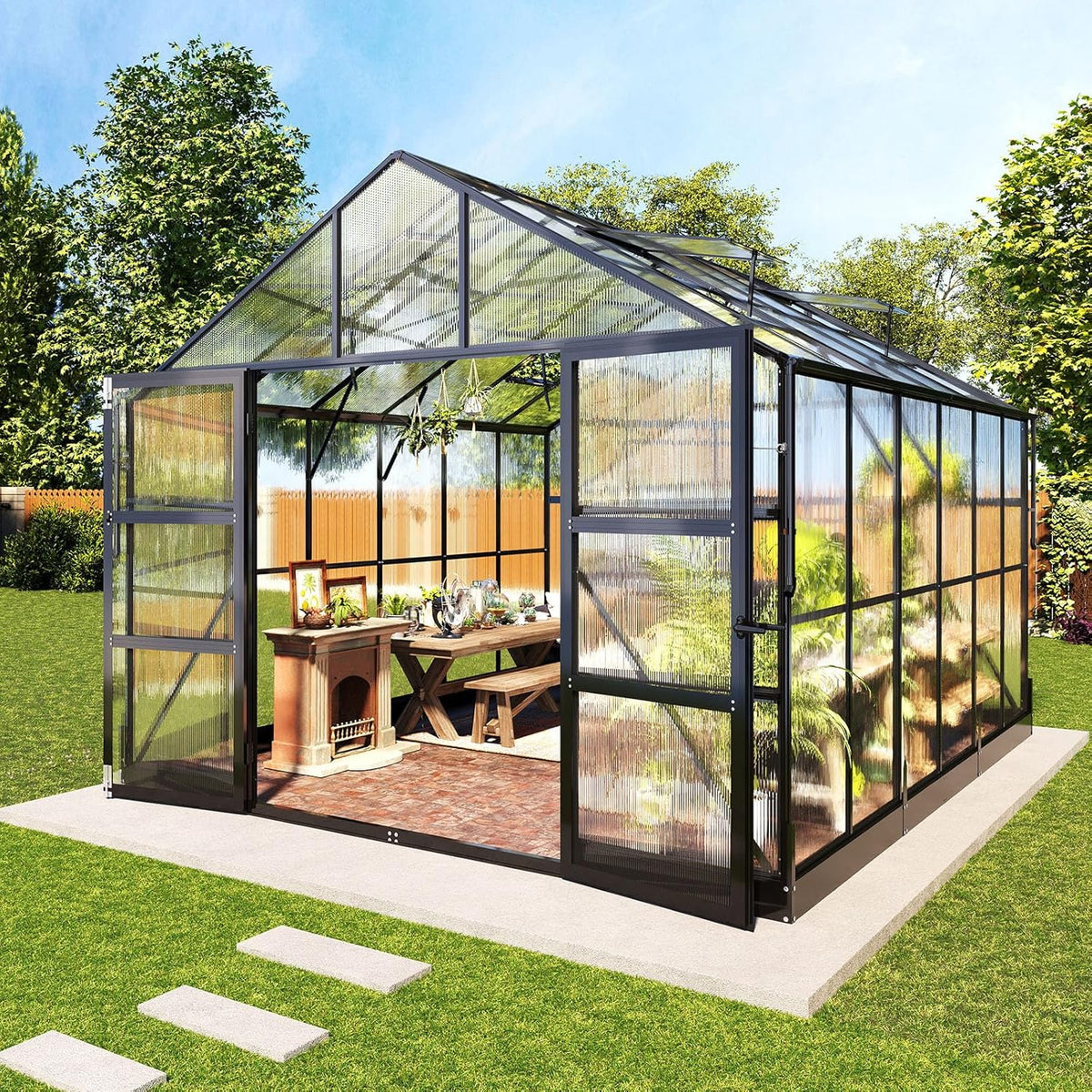 AMERLIFE 10x12 FT Heavy Duty Aluminum Greenhouse with 4 Roof Vents & Rain Gutter, Polycarbonate Greenhouse for Outdoor Garden Backyard, Black