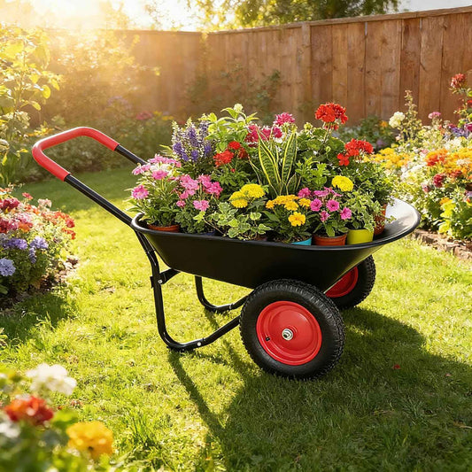 2 Wheel Wheelbarrow, Dual-Wheel Garden Dump Cart with 13" Non-Slip Pneumatic Tires & Ergonomic Padded Handle, Heavy-Duty Home Utility Yard Cart Wagon with 4.5 Cu Ft Capacity for Lawn, Gardening