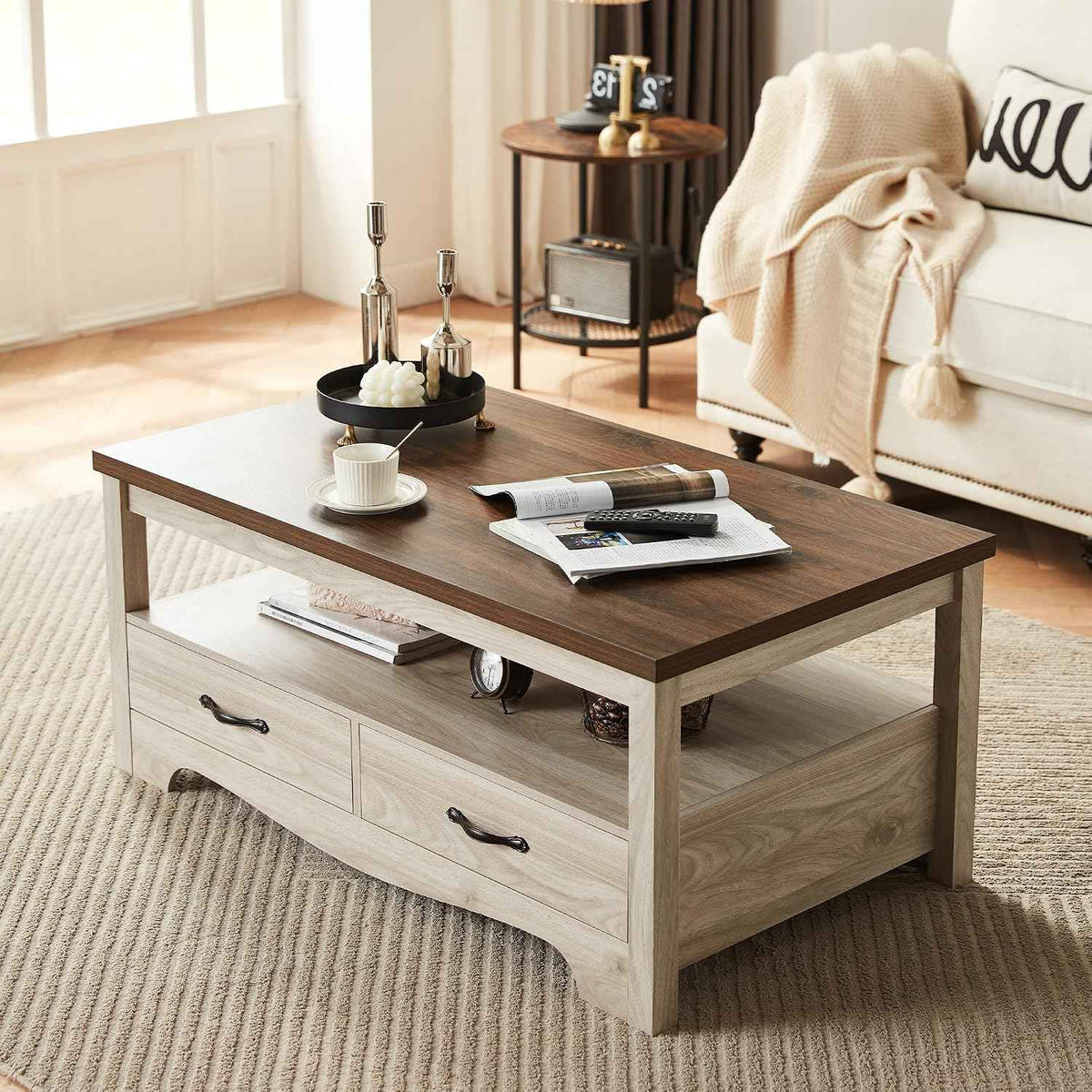 LINSY HOME Farmhouse Coffee Table with Storage, Oak and Brown