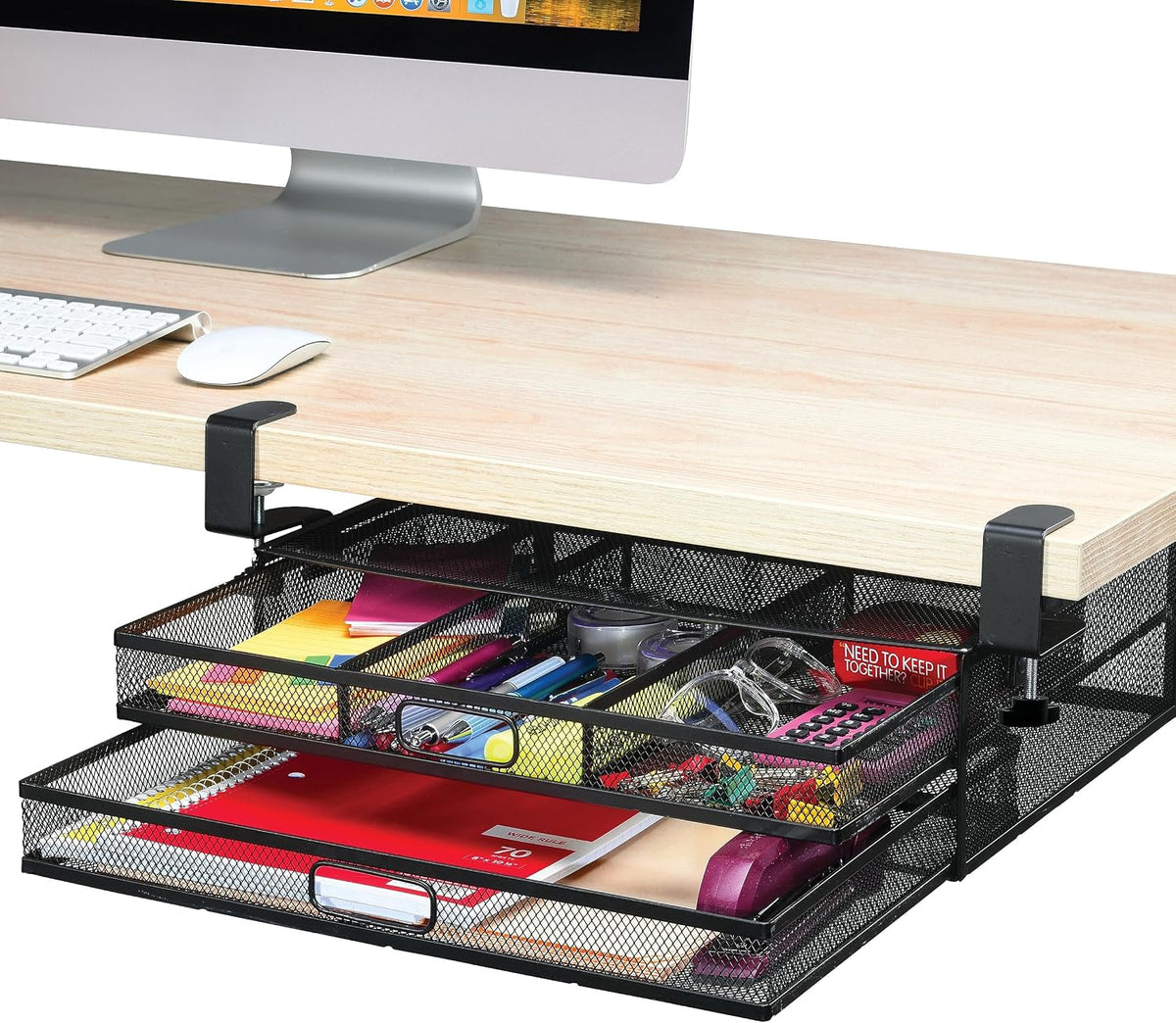 Homeify Under Desk Drawer Organizer Clamp-On, Mesh Metal Drawer Attachment, 2 Drawer Slide Out, On Or Under Desk Organizer For Office Supplies & Home Essentials (2 Drawers) - Field & Nook