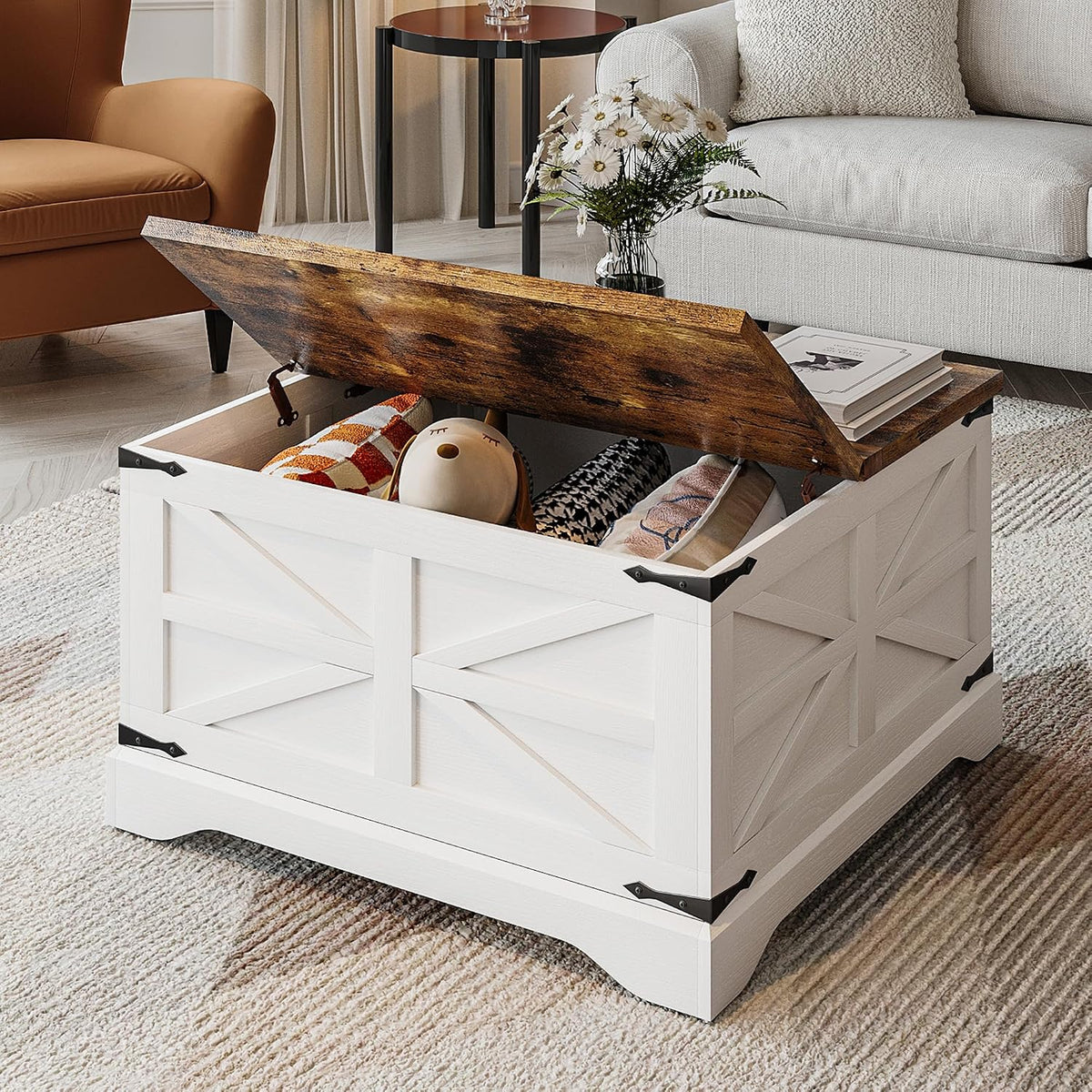 MXV Farmhouse Coffee Table with Storage, White