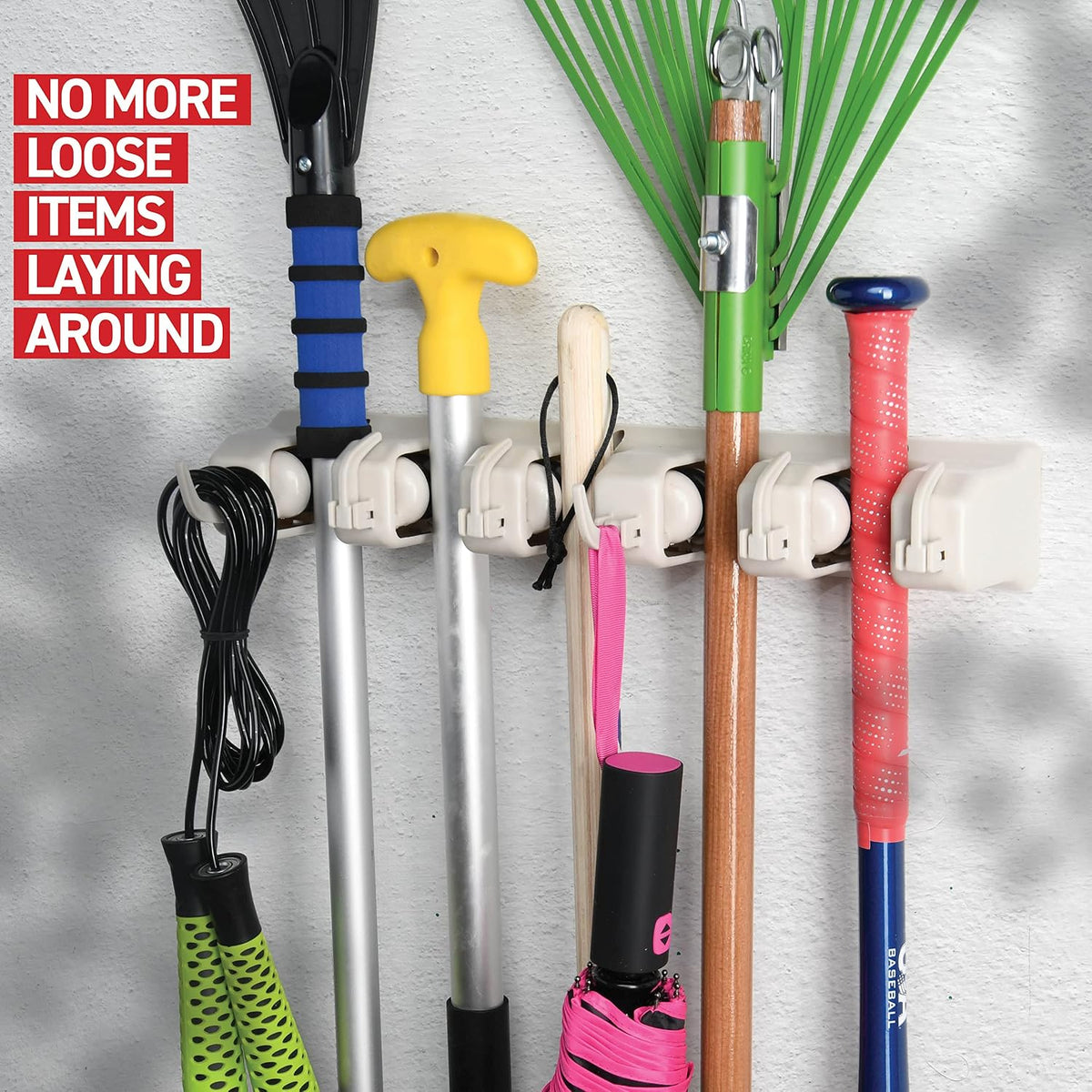 HOME IT Broom and Mop Holder Wall Mount – Heavy Duty Garage Organizer with 5 Slots & 6 Hooks, 7.5lbs Capacity Per Slot - Easy Install Storage Rack for Home, Kitchen, Laundry Room & Garden - Off-White - Field & Nook