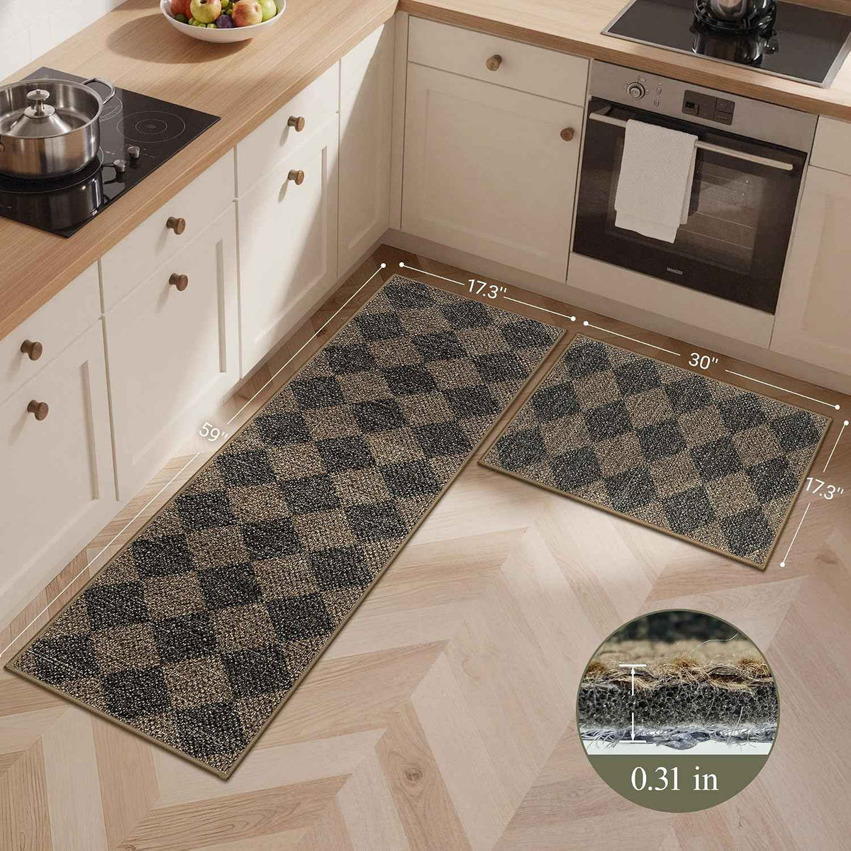 GENIMO Kitchen Rugs Non Slip Washable, Absorbent Kitchen Mats for Floor, Cushioned Comfort Standing Kitchen Runner Rug for Sink, Office, Laundry, Entryway, Home, 17.3"x59"+17.3"x30", Brown Diamond