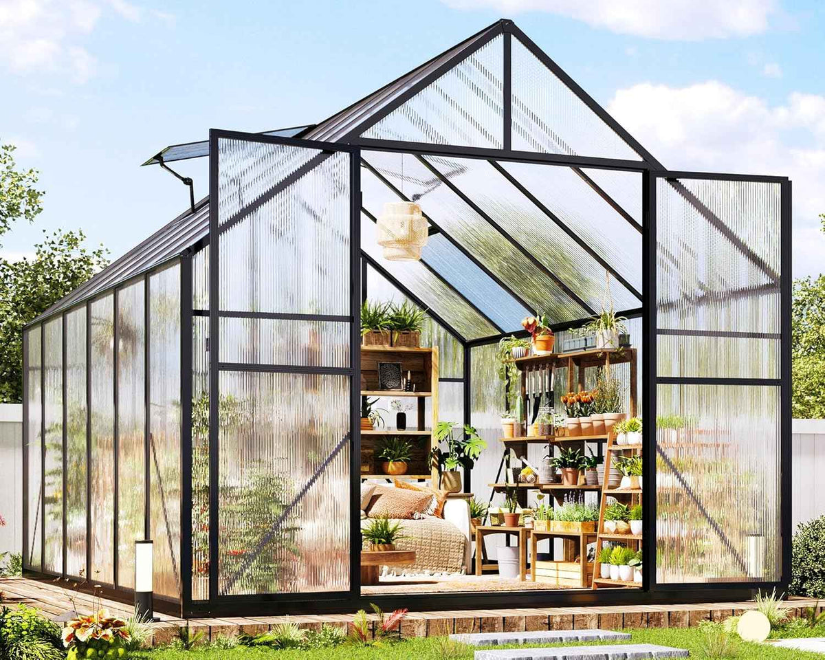 Jocisland 8x11.5x7 FT Polycarbonate Greenhouses for Outdoors, 2 Top-Opening Windows, 2 Swing Doors, Aluminum Walk-in Heavy Duty for Outdoor Use, Backyard Garden, Black