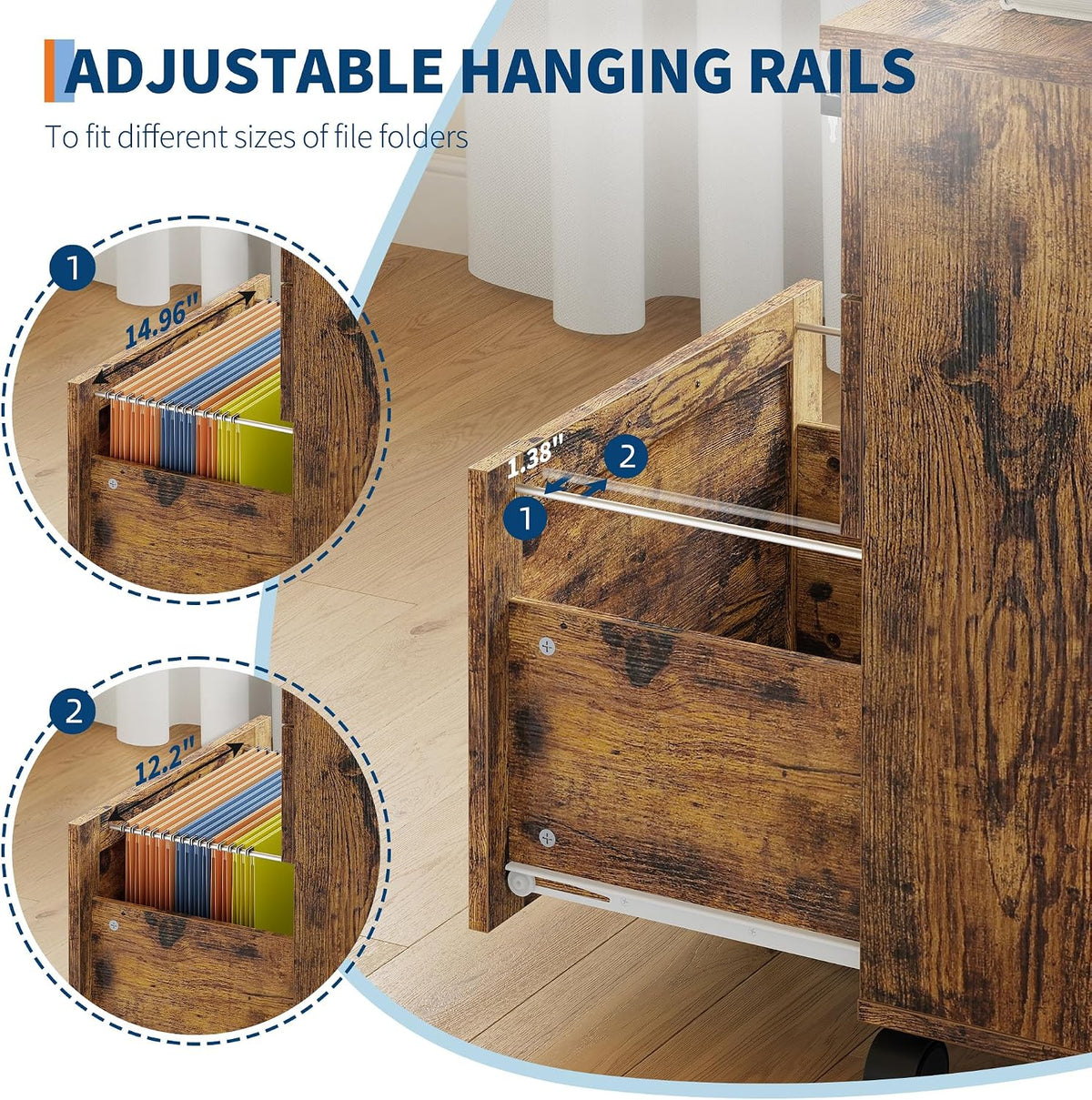 3-Drawer Rolling File Cabinet with Lock - Wooden Mobile Filing Cabinet for Home Office, Under Desk Storage Organizer fits Letter/A4/Legal Size, Sturdy Printer Stand with Locking Casters, Rustic Brown - Field & Nook