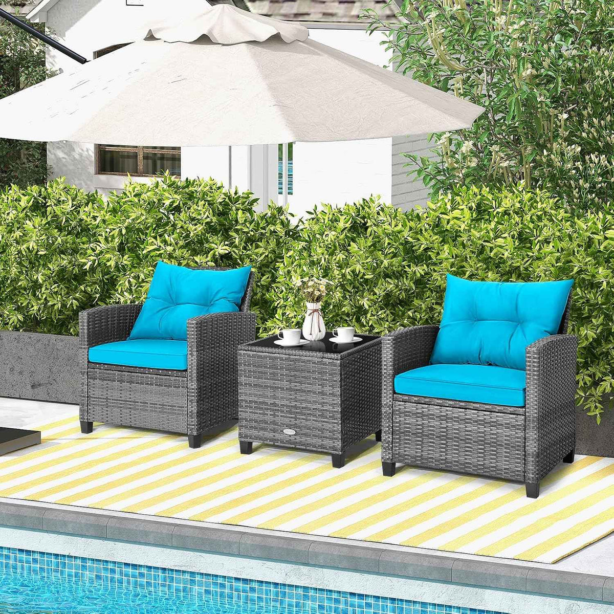 Tangkula 3 Pieces Patio Furniture Set, Outdoor PE Rattan Conversation