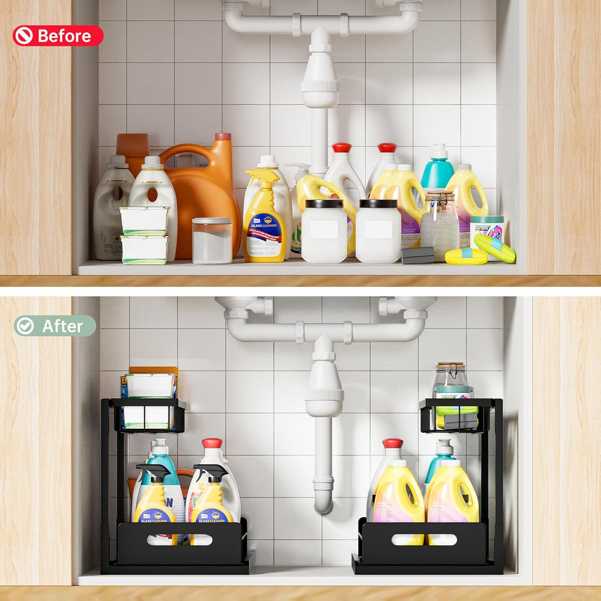 Under Sink Organizer and Storage, Slide Out Cabinet Organizer, Pull Out Sink Shelf for Kitchen Bathroom Laundry, 2 Pack Black - Field & Nook