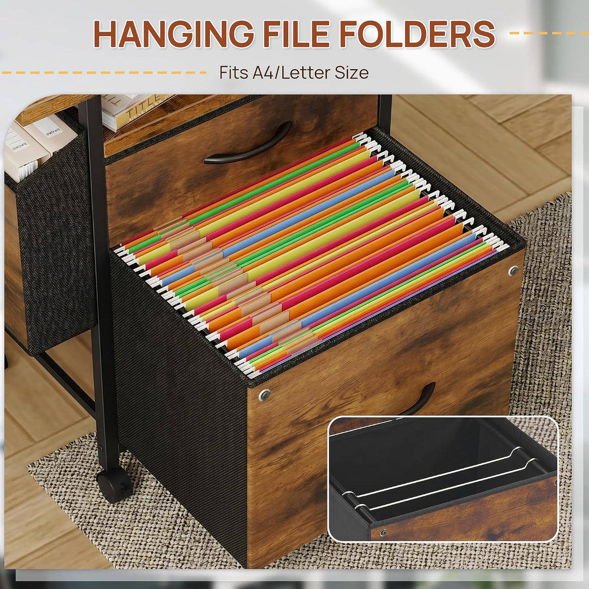 Alpen File Cabinets for Home Office, Small Printer Stand with Storage, Rolling Filing Cabinet with 2 Drawer and Side Storage Bag, Rustic Brown - Field & Nook