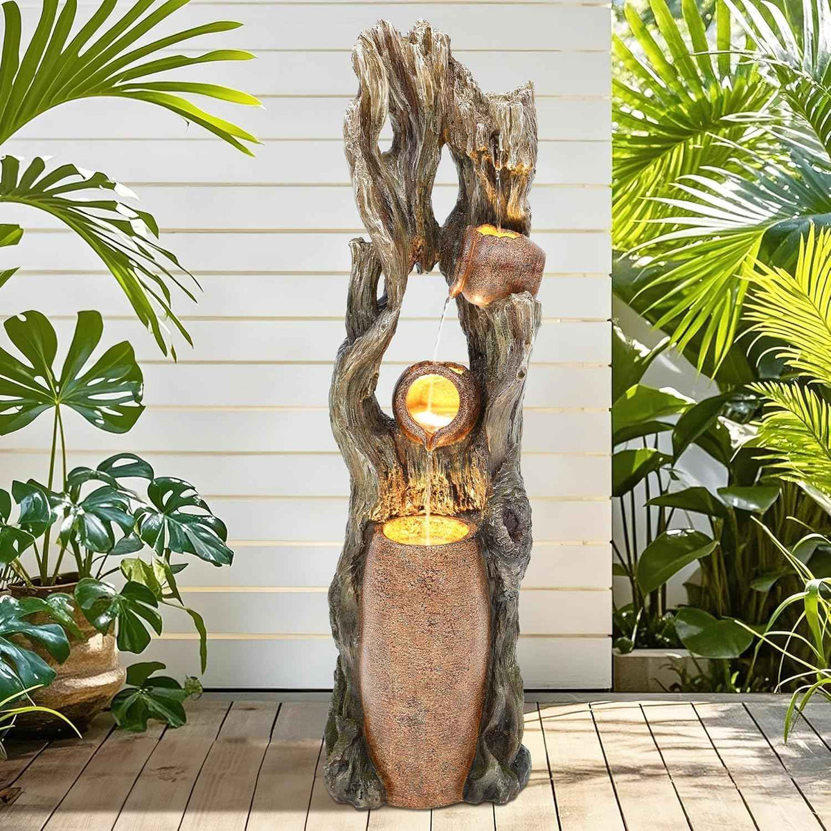 AUTODAYA Tall Outdoor Water Fountain with LED Lights, 42.7" 3-Tier Rainforest Waterfall Tree Trunk and Jar Garden Fountain, Ideal for Serene Relaxing Patio, Yard or Porch