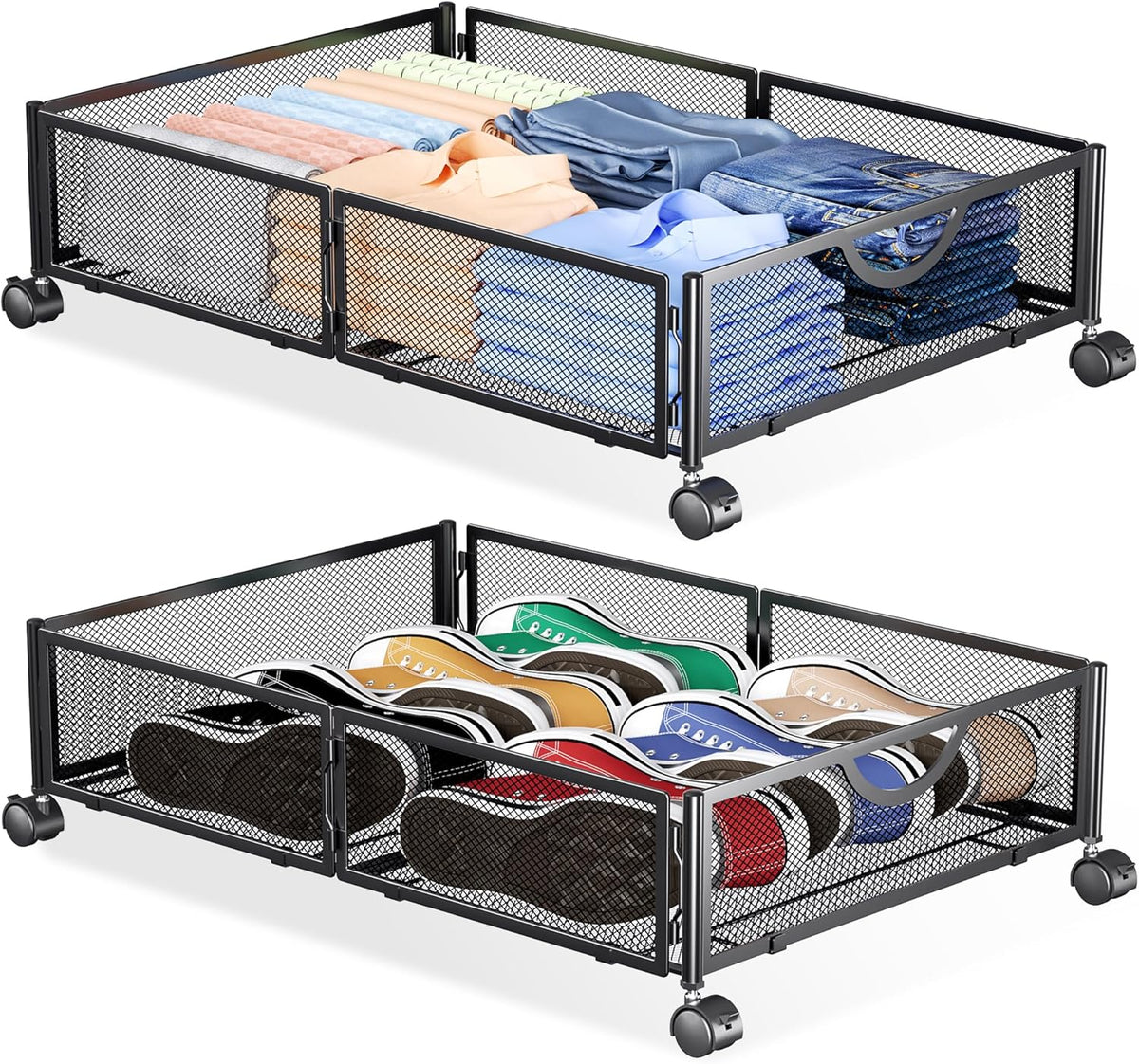 Yecaye Under Bed Storage with Wheels, 2 Pack Under Bed Shoe Storage Organizer Drawer, Tool-free Assembly Metal Underbed Storage Containers for Clothes, Shoes, Toys, Black - Field & Nook