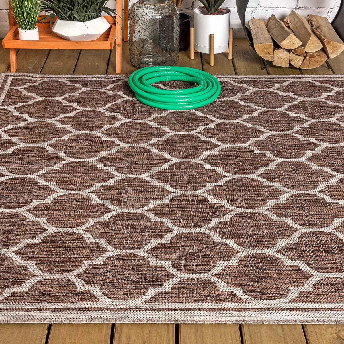 Eyely BMS109B-6 Santa Monica Trebol Moroccan Trellis Textured Weave, Pet Friendly, Non-Shedding, Stain Resistant, Easy-Cleaning, Espresso/Taupe, 6 ft. x 9 ft., Indoor/Outdoor, Area Rug