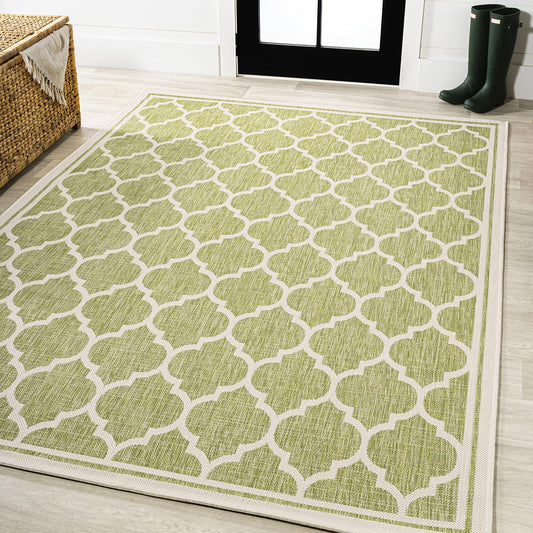 Eyely BMS109G-5 Santa Monica Trebol Moroccan Trellis Textured Weave Indoor/Outdoor Area Rug Coastal;Bohemian, Bedroom, Backyard, Patio, Easy-Cleaning, Non-Shedding, 5 X 8, Green/Cream