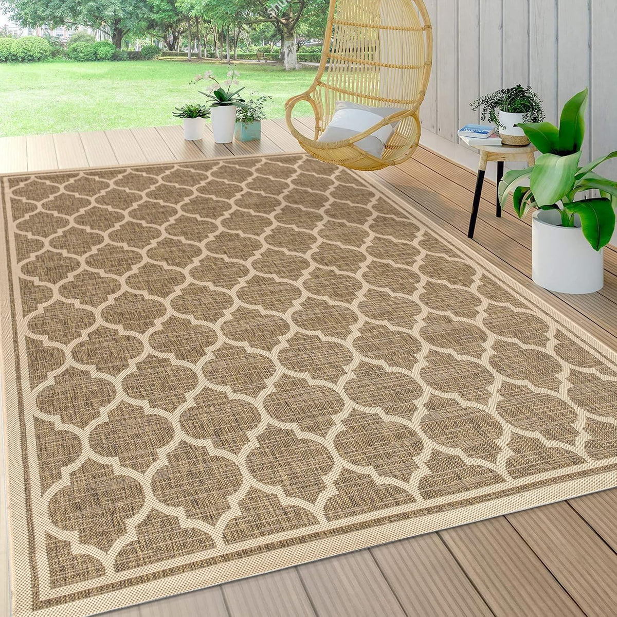 Eyely BMS109A-8 Santa Monica Trebol Moroccan Trellis Textured Weave Indoor/Outdoor Area Rug Coastal;Bohemian, Bedroom, Backyard, Patio, Easy-Cleaning, Non-Shedding, 8 X 10, Brown/Beige