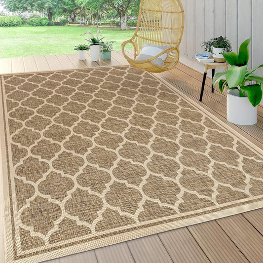 Eyely BMS109A-8 Santa Monica Trebol Moroccan Trellis Textured Weave Indoor/Outdoor Area Rug Coastal;Bohemian, Bedroom, Backyard, Patio, Easy-Cleaning, Non-Shedding, 8 X 10, Brown/Beige