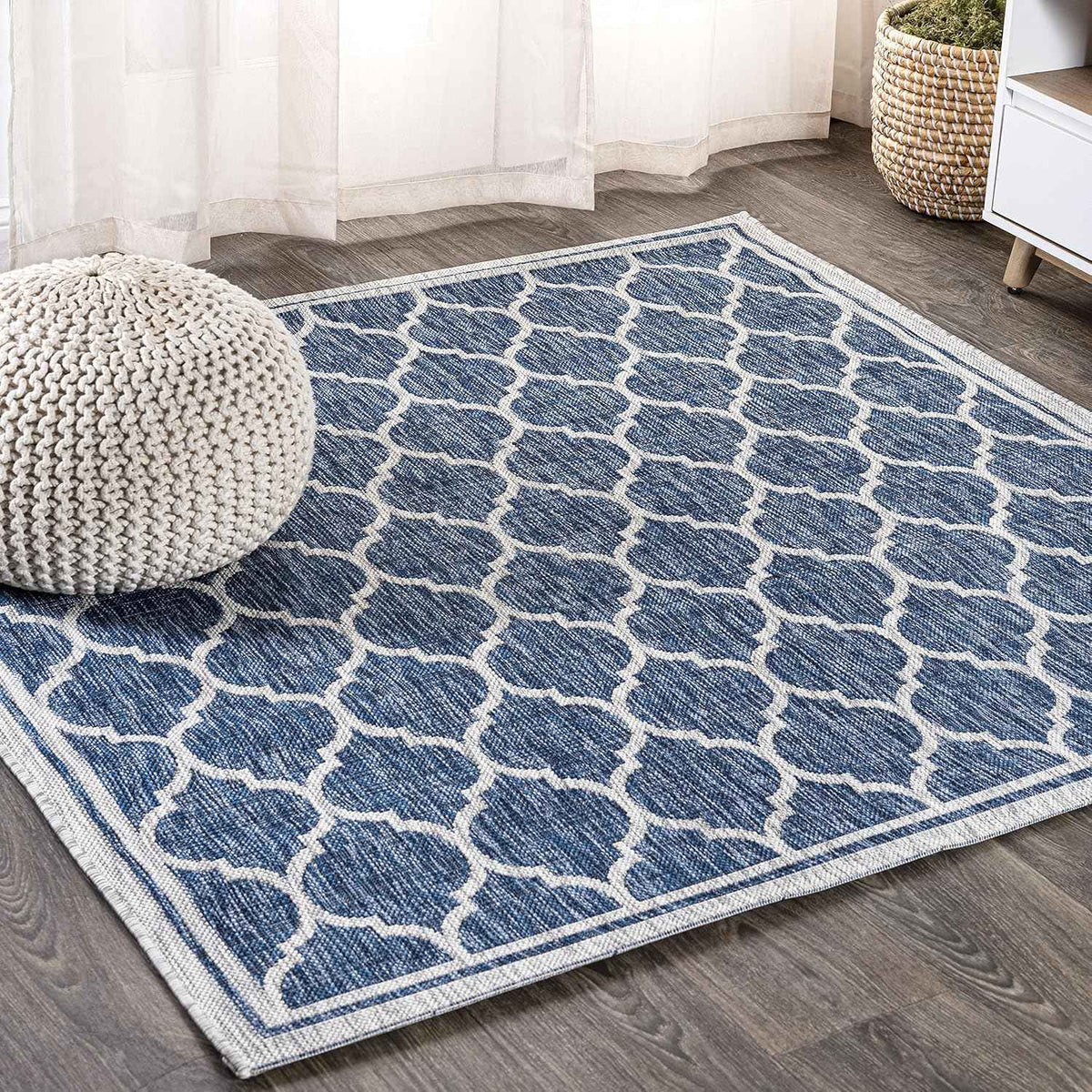 Eyely BMS109D-4SQ Santa Monica Trebol Moroccan Trellis Textured Weave, Pet Friendly, Non-Shedding, Stain Resistant, Easy-Cleaning, Navy/Gray, 4' Square, Indoor/Outdoor, Area Rug