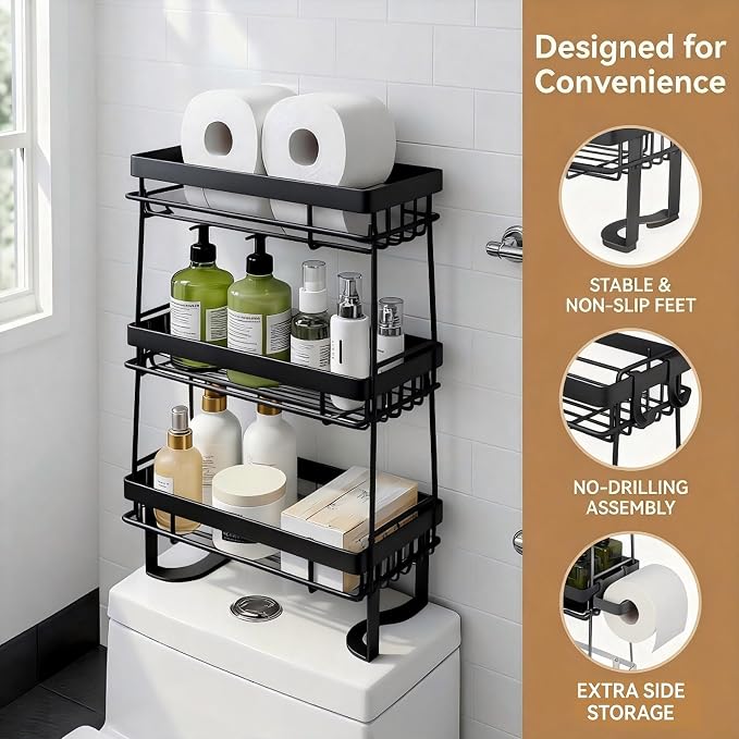 Over-the-Toilet Storage Rack – 3-Tier Shelf with Hooks