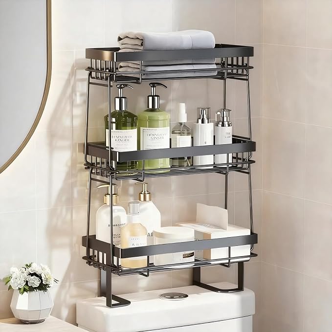 Over-the-Toilet Storage Rack – 3-Tier Shelf with Hooks