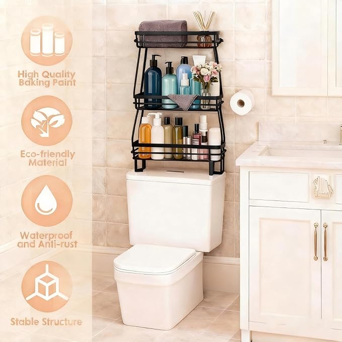 Over-the-Toilet Storage Rack – 3-Tier Shelf with Hooks